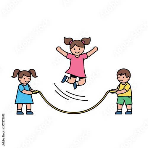Cartoon illustration of two children holding a jump rope for a girl jumping in the air with a playful and energetic mood against a clean white background.