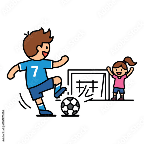 A cartoon boy kicking a soccer ball with a girl standing behind a goal on a white background with a playful mood.