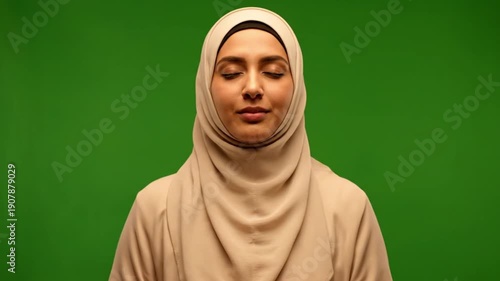 Portrait of a serene woman wearing a beige hijab with her eyes closed against a green background during ramadan.