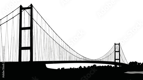 A monochrome illustration of a suspension bridge with long cables and towers silhouetted against white