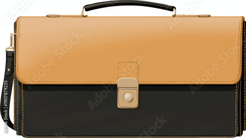 A cartoon briefcase in two-tone colors beige top, black base, with handle, strap, and clasp