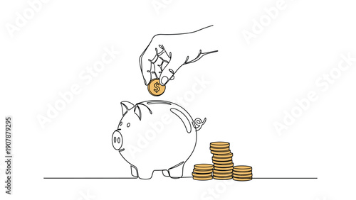 Hand placing a dollar coin into a piggy bank with stacks of coins nearby in a minimalist line art style representing financial saving.