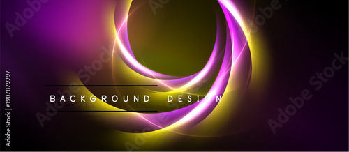 Abstract design features swirling purple, gold light. Dark background emphasizes vibrant curves, creating dynamic visual effect. Text reads background design.