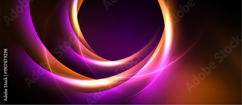 Abstract design features vibrant orange, purple glows. Smooth curves create dynamic, flowing composition against dark background.