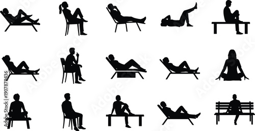 Collection of black human silhouettes featuring people sitting and lounging in various chairs and benches isolated on white background for lifestyle leisure vector illustration.