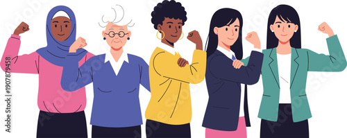 Empowered Women United: Depicting a diverse assembly of women, each embodies strength and resilience, standing together in solidarity and celebrating the power of sisterhood. 