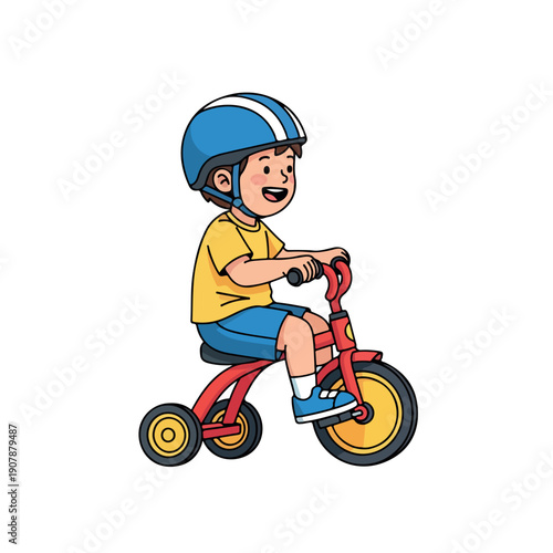 A cheerful young boy riding a red tricycle while wearing a blue helmet on a clean white background with a joyful mood.