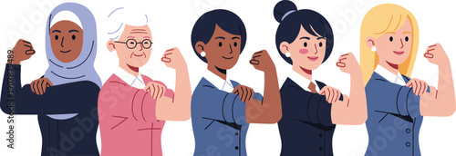 Empowering Woman's Strength: A diverse group of woman flex their muscles, representing strength, solidarity, and empowerment. A powerful image that celebrates the spirit of womanhood. 