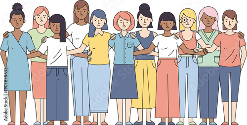Unity in Diversity: A close-knit group of diverse women stand shoulder-to-shoulder, embodying solidarity and the strength found in unity. Showcasing empowerment and friendship.