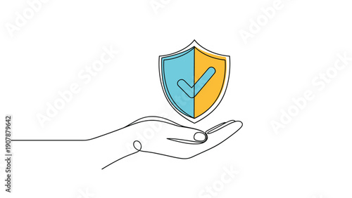 Hand supporting a shield icon with a checkmark in line art style symbolizing protection security safety and guaranteed service.