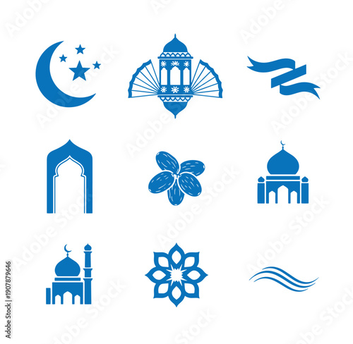 blue islamic ramadan eid al fitr al azhar mosque icons with crescent moon and stars