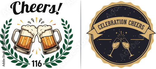 Two festive celebration badges. One features foaming beer mugs clinking within a green laurel wreath, while the other shows elegant champagne flutes on a dark, gold-rimmed "Celebration Cheers" seal.