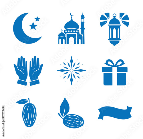 Blue Islamic Ramadan icons set including mosque lantern hands gift box fruit and more