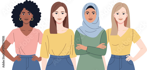 Diversity and Empowerment: A vibrant depiction of four women, representing different cultural backgrounds, united by their confident stances and empowered expressions.