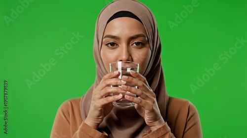 Muslim woman in hijab drinking water against green background during ramadan