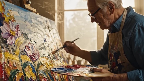 An elderly man with glasses meticulously paints a vibrant canvas in his sunlit