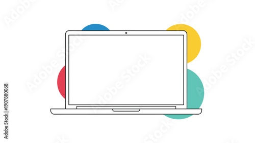 Minimalist laptop icon with colored circles in the background representing modern technology work from home and digital workspace.