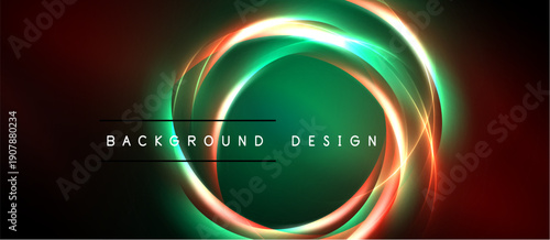Abstract design features glowing circles, vibrant colors. Dark background enhances luminosity, creating dynamic visual effect. Text reads background design.