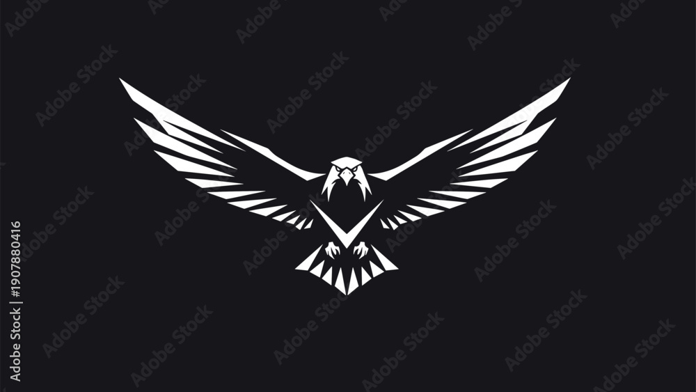 Fototapeta premium Powerful white eagle silhouette with spread wings on a black background representing freedom strength leadership and noble character.