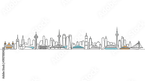 Extensive city skyline featuring various famous buildings and towers across the world drawn in a single continuous line art style.