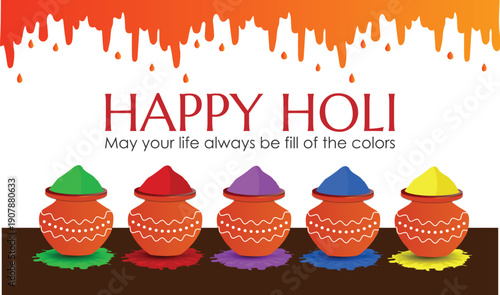 Holi Festival Background with Colorful Clay Pots, Paint Splashes and Dripping Paint Design