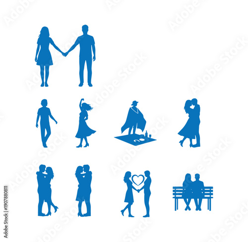 Blue silhouettes of couples and individuals in various romantic and social poses on white background