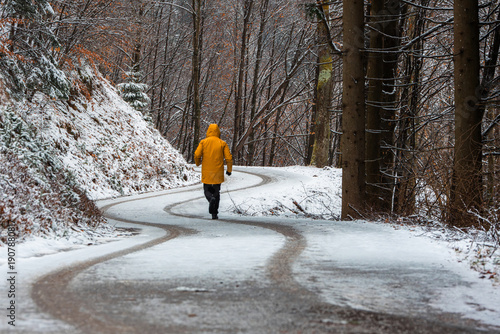 Wallpaper Mural Lonely person walking on snowy forest road during winter season Torontodigital.ca