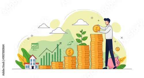 A man stacking coins on a growing pile, symbolizing financial investment, savings, and wealth growth with a house and a rising graph.