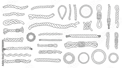 Large collection of hand drawn sketches of different rope knots loops and straight pieces in black and white for nautical and craft themes.