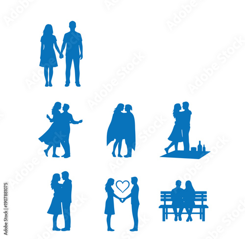 blue silhouettes of couples in various romantic poses and activities together