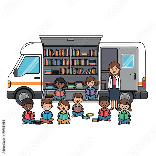 Illustration of a woman standing beside a bookmobile with children sitting in front, surrounded by books and educational materials in a colorful, graphic style.