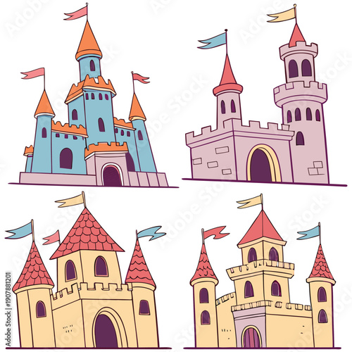 Medieval castles. Gothic palace, ancient king house and old kingdom castle tower vector set of palace fortress illustration