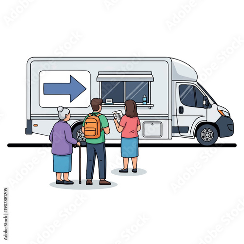Illustration of people waiting in line at a food truck with a blue arrow sign, on a white background.