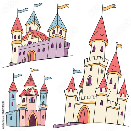 Medieval castles. Gothic palace, ancient king house and old kingdom castle tower vector set of palace fortress illustration