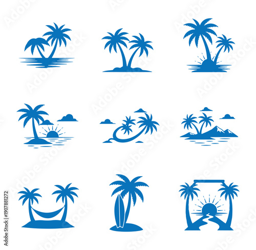 blue silhouettes of palm trees and tropical landscapes  various island scenes
