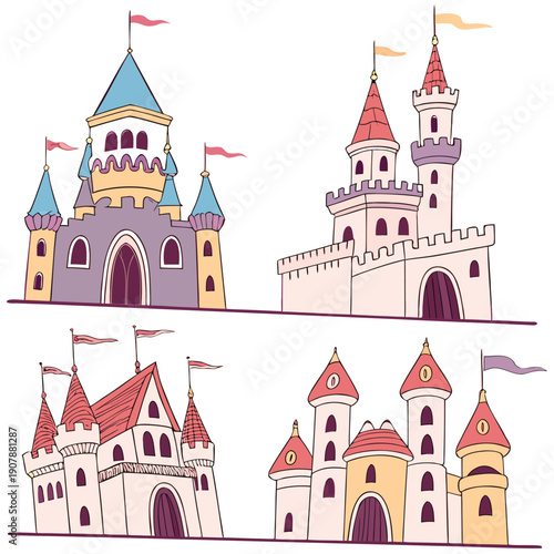 Medieval castles. Gothic palace, ancient king house and old kingdom castle tower vector set of palace fortress illustration