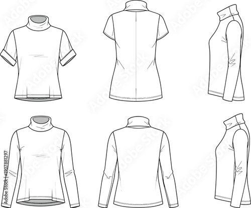 Front back and side view of women high neck top mockup in short and long sleeve styles for apparel design templates