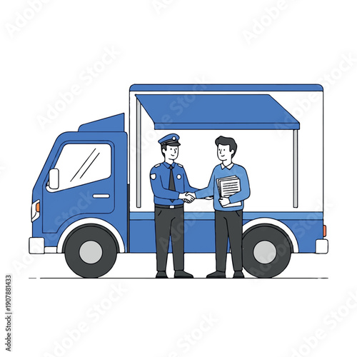 Two men in blue uniforms shaking hands beside a blue delivery truck with an awning on a white background.