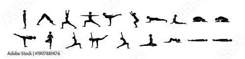 Female Yoga Pose Silhouettes – Black and White Minimalist Asana Icons Set