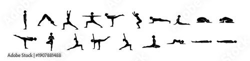 Female Yoga Pose Silhouettes – Black and White Minimalist Asana Icons Set