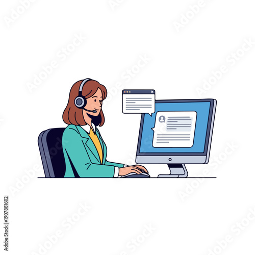 Illustration of a woman wearing a headset sitting at a computer with a chat box on the screen in a simple style with a professional mood.