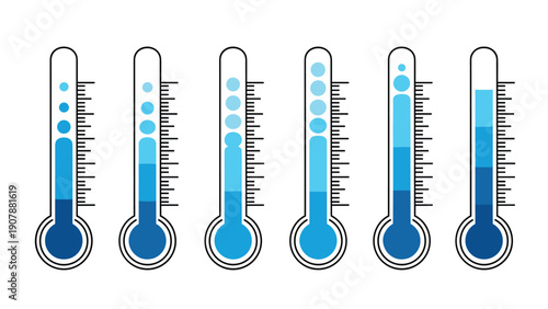 Set of six blue thermometers showing various levels of temperature from low to high for weather forecast, climate change, or health monitoring.
