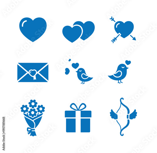 Blue Valentines Day icons including hearts birds flowers gift and bow and arrow