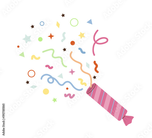 Bright and festive confetti bursts from a party popper, featuring a vibrant mix of shapes and colors. This vector illustration is perfect for celebration-themed designs and festive projects.