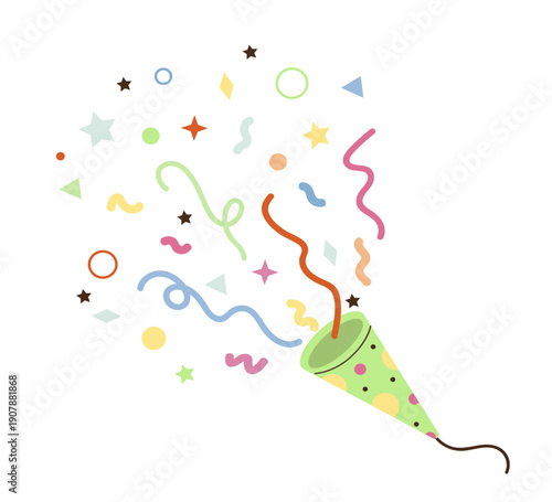 Colorful confetti bursts from a party popper in this vibrant vector illustration. Festive shapes and colors create a celebratory atmosphere perfect for party-themed projects and designs.