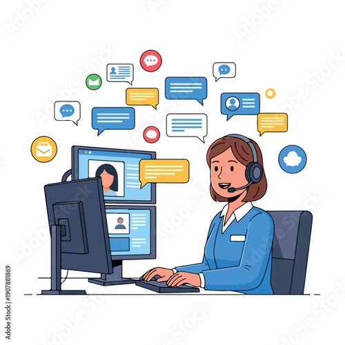 Illustration of a customer service representative wearing a headset while working at a computer with multiple screens displaying chat icons and speech bubbles.