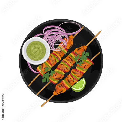 Vector Illustration logo Clipart Top View Chicken Tikka Kebabs