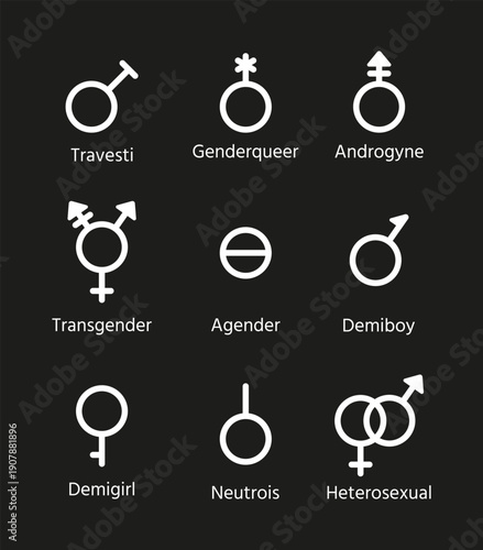 Gender symbols isolated on black background. Vector multigender, transgender, gay, bisexual and other orientation signs. Set outline white icons. Simple illustration. Sexual concept.