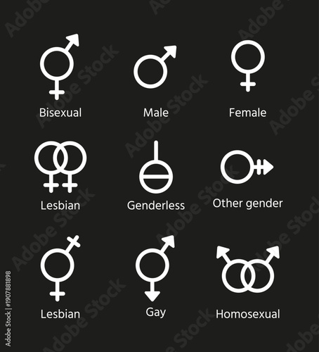 Gender symbols isolated on black background. Vector male, female, transgender, gay, bisexual and other orientation signs. Set outline white icons. Simple illustration. Sexual concept.