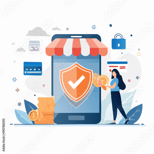 Secure online shopping and payment protection with a digital shield on a mobile device, representing e-commerce safety and financial security